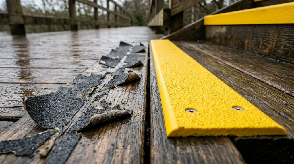Realistic close-up photograph of deteriorated anti-slip tape