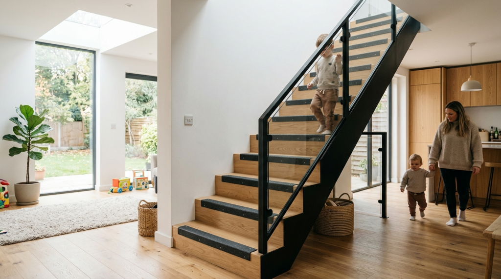 Modern home interior featuring a contemporary staircase with