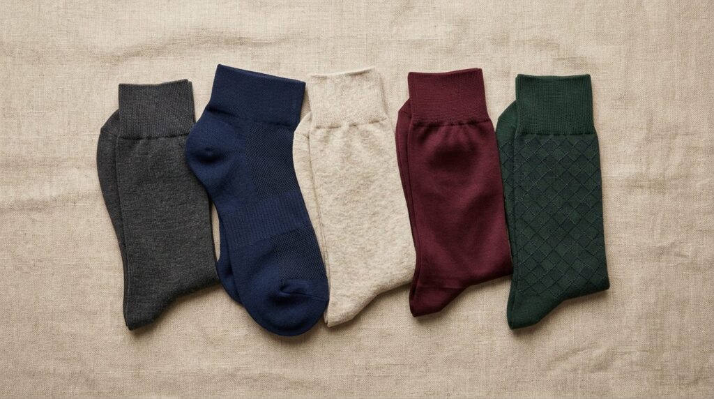 Flat lay product photography of premium mens socks collecti
