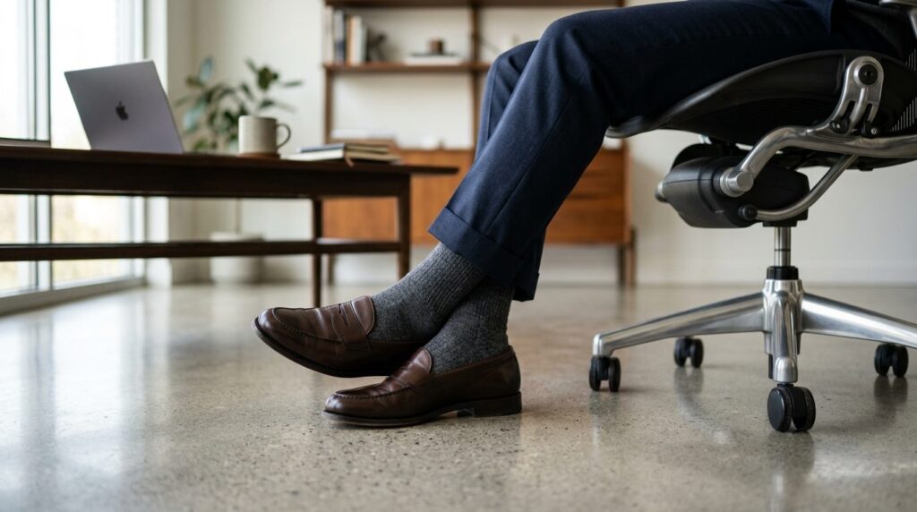 Lifestyle shot of a mans feet and lower legs in a modern ho